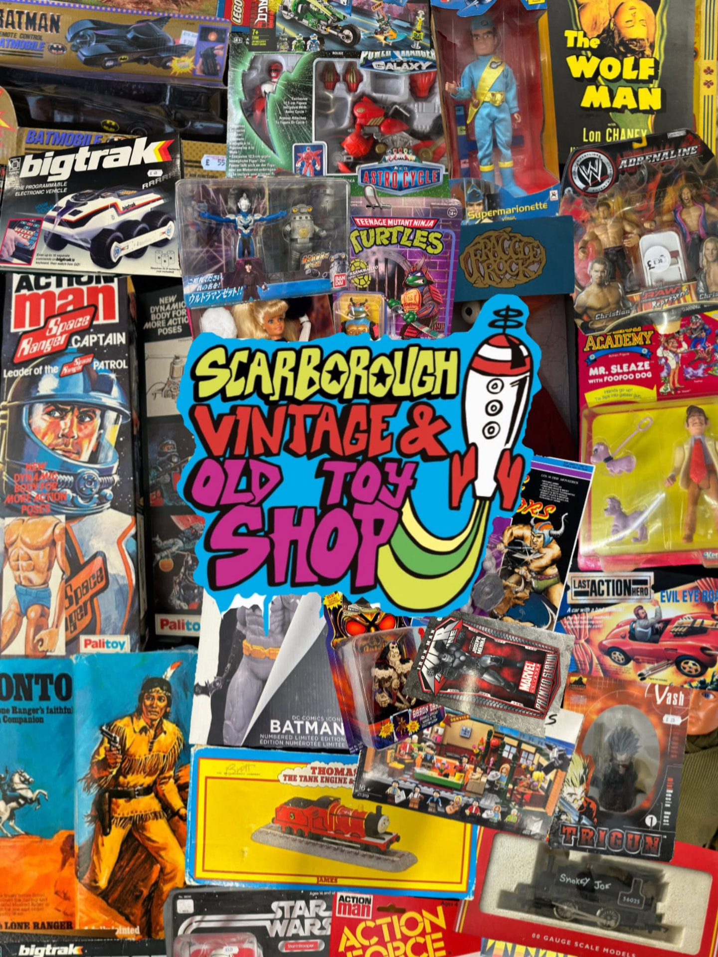 Scarborough Vintage & Old Toy Shop logo surrounded by vintage toys and collectibles